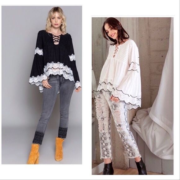 𝅺BABYDOLL Blouse with Bell Sleeves in Black - Picture 2 of 12